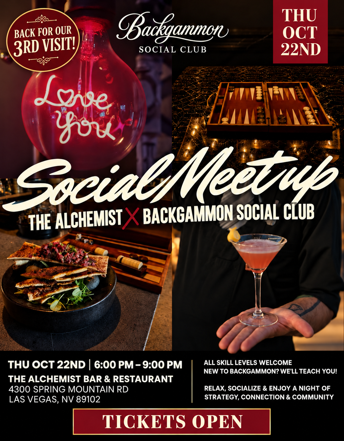 Official flyer for the Backgammon Social Club's third visit to The Alchemist, October 22, 2026