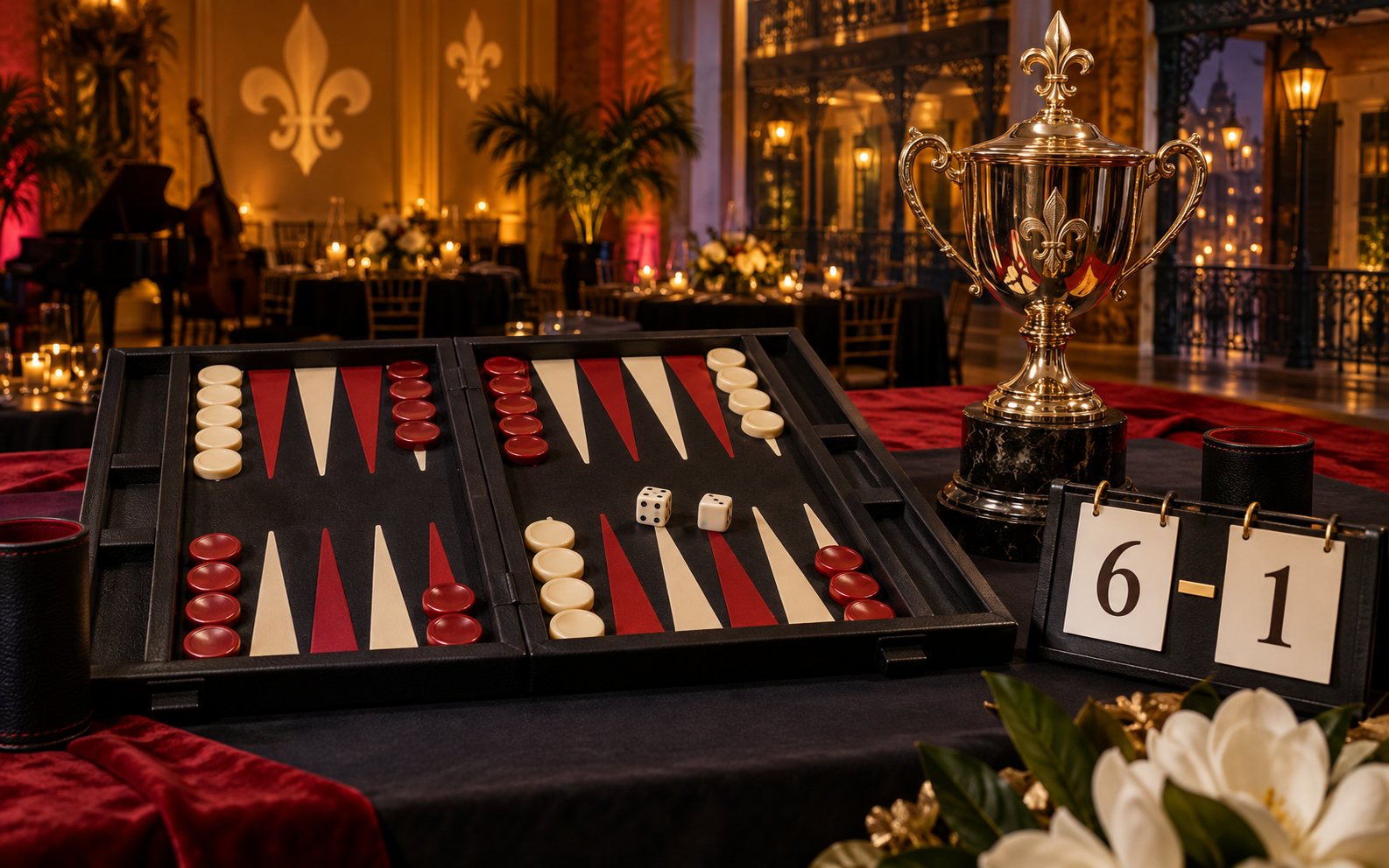 Editorial still life of a backgammon board, trophy and 6–1 score in a New Orleans-inspired ballroom