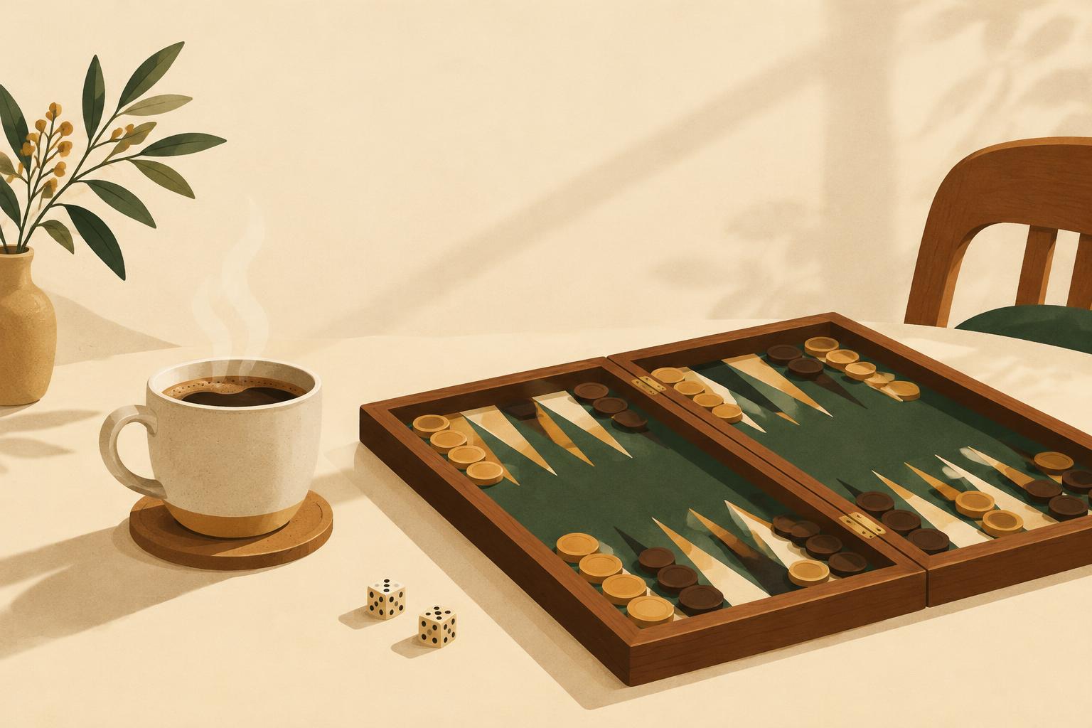 Illustration of a backgammon board and a cup of coffee on a sunny table