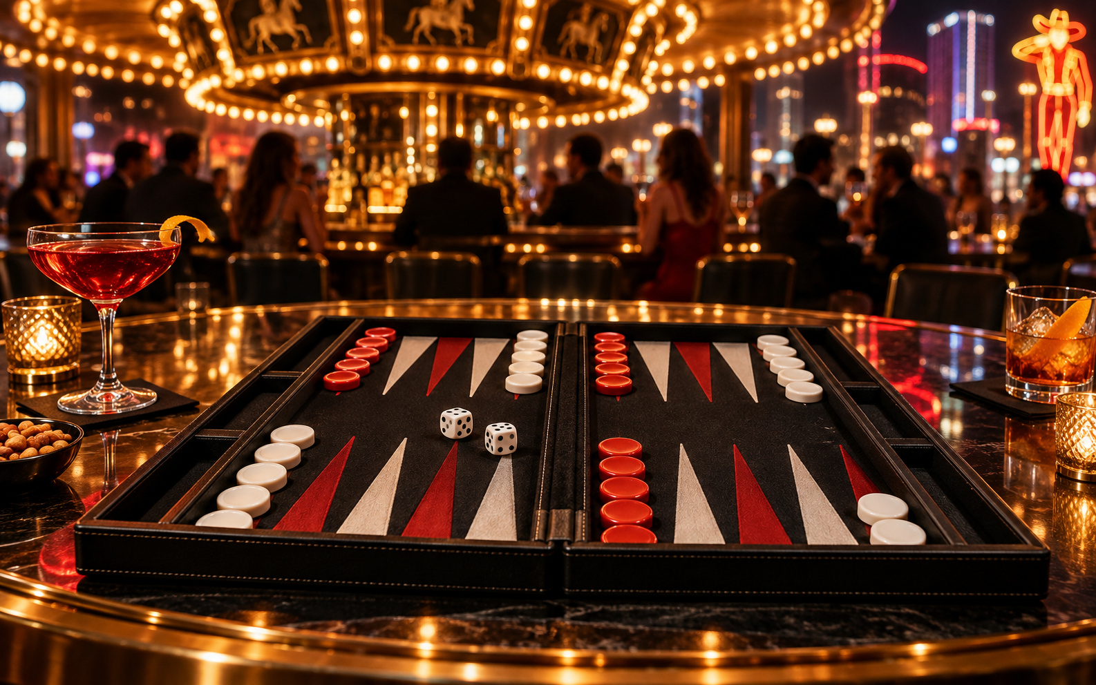 Editorial artwork of a backgammon board beneath carousel lights at a downtown Las Vegas bar