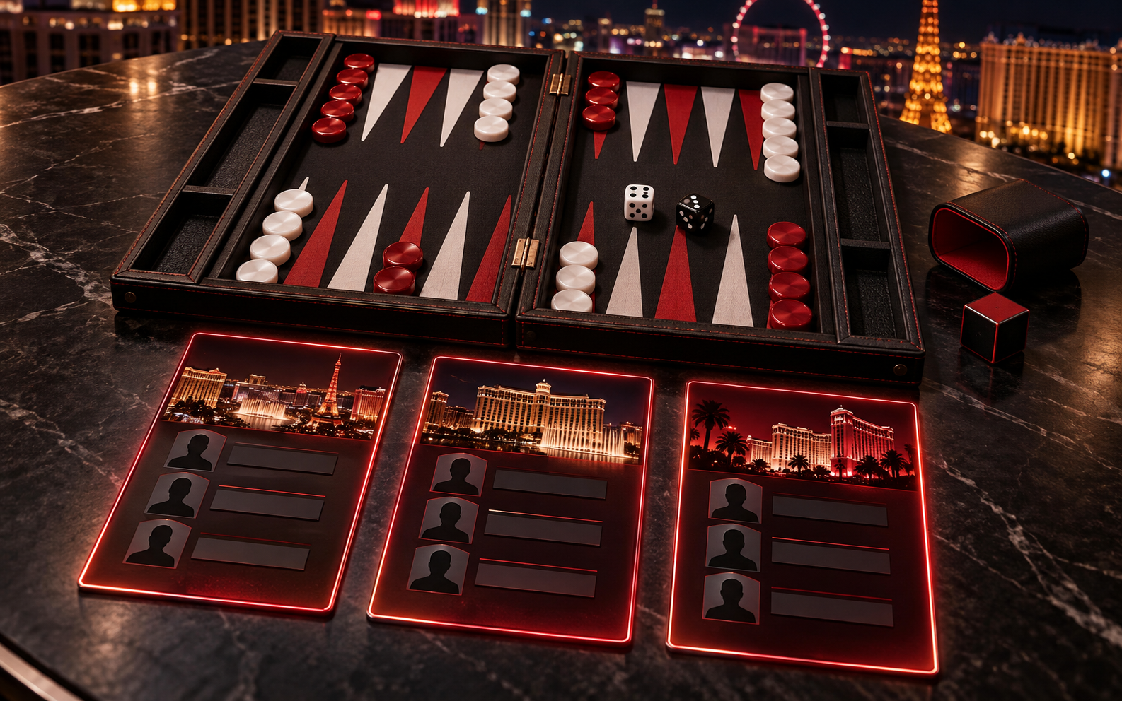 Fantasy backgammon team-selection cards beside a red, black and white board overlooking Las Vegas