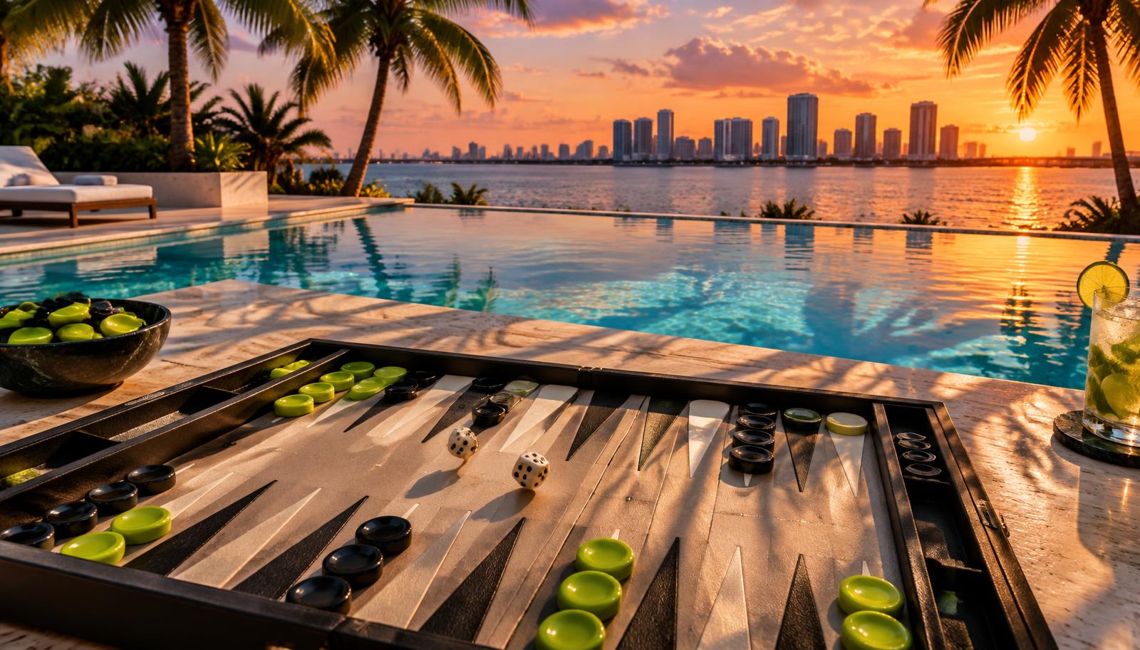 Original illustration of a backgammon board with lime and black checkers beside a pool at sunset, with a waterfront skyline