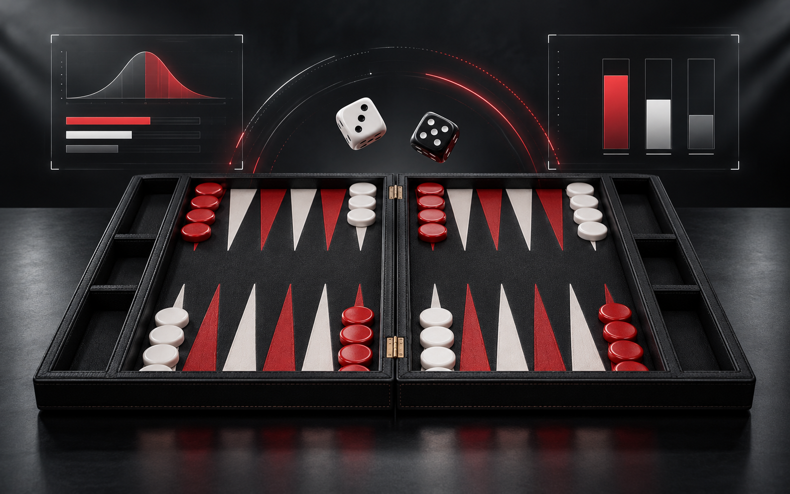 Backgammon board, dice and probability graphics representing next-roll prediction markets